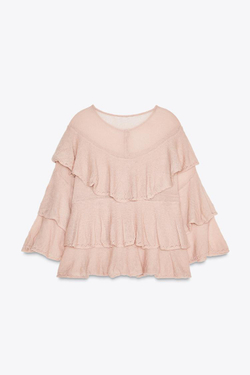 ZARA ТРИКОТАЖНЫЙ СВИТЕР С ВОЛАНАМИ, РОЗОВАТЫЙ