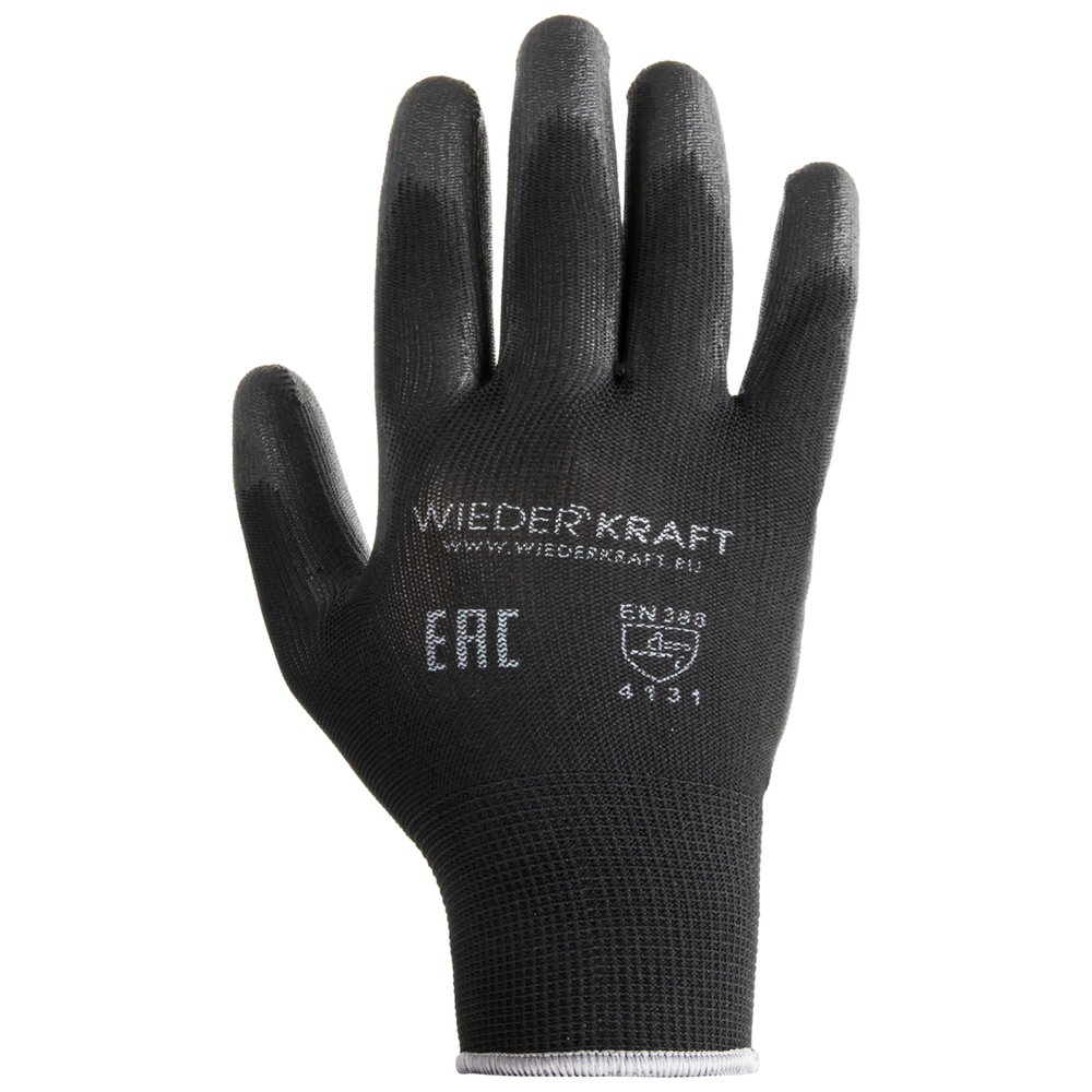 WDK-PU01B/XL/10, 10 пар, размер XL, Перчатки ЧЁРНЫЕ защитные эластичные из нейлона с полиуретановым покрытием