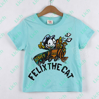 Футболка детская с контрастными принтами кота Феликса на паровозе