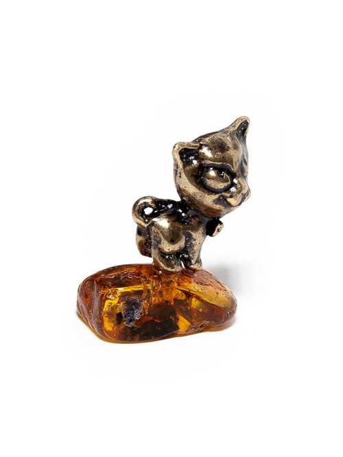 Фигурка с янтарем натуральным цельным - Кот с бантом. Статуэтка из янтаря цельного