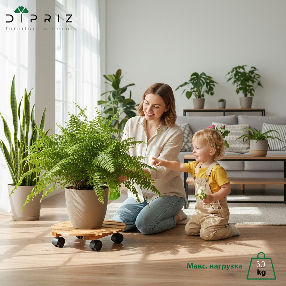 Подставка для цветов напольная на колесиках Флорэль деревянная в стиле рустик (состаренный), круглая, браун