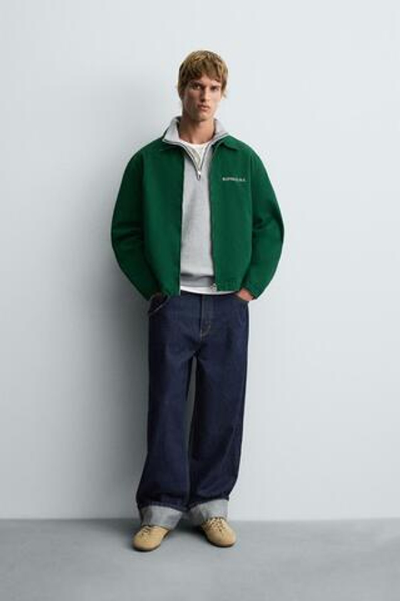 ZARA КУРТКА С ВЫШИВКОЙ И МОЛНИЕЙ, ЗЕЛЕНЫЙ