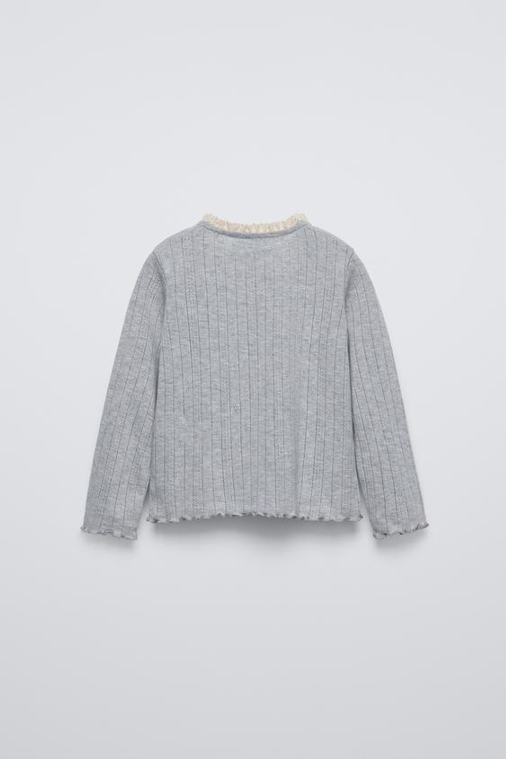 ZARA ЛОНГСЛИВ С КРУЖЕВОМ И БАНТОМ, СЕРЫЙ С МЕЛАНЖЕВЫМ ЭФФЕКТОМ