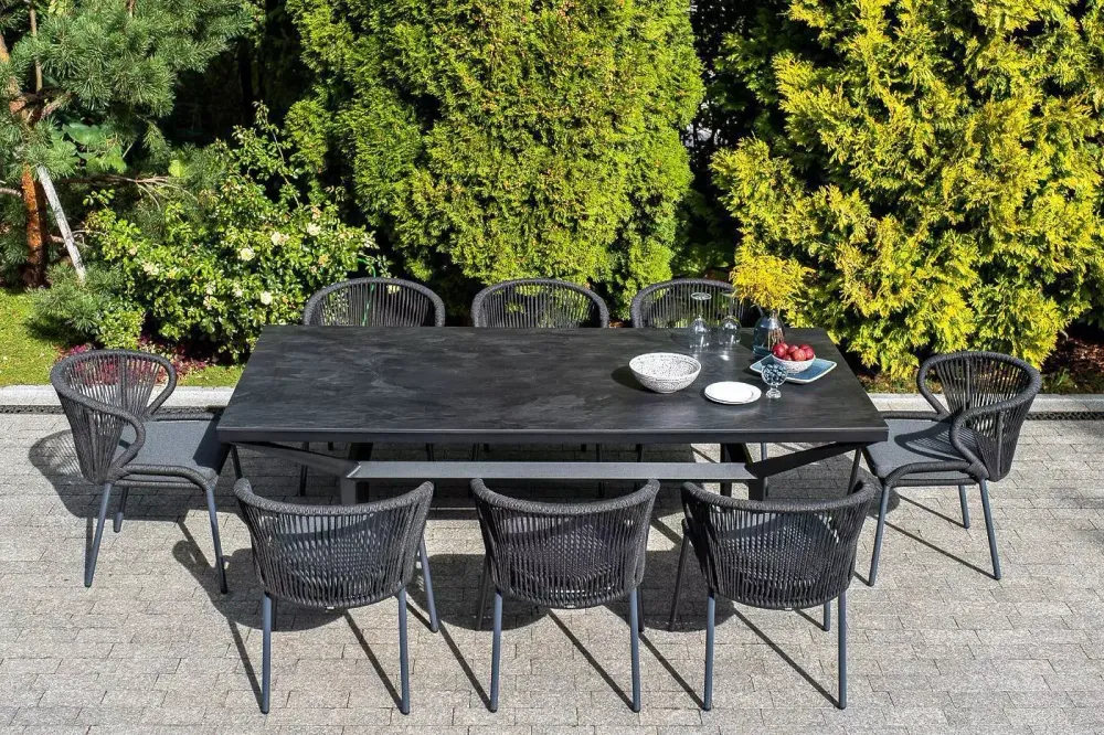 "Милан" стул плетеный из роупа, каркас алюминий темно-серый (RAL7024) муар, роуп темно-серый круглый, ткань темно-серая 027