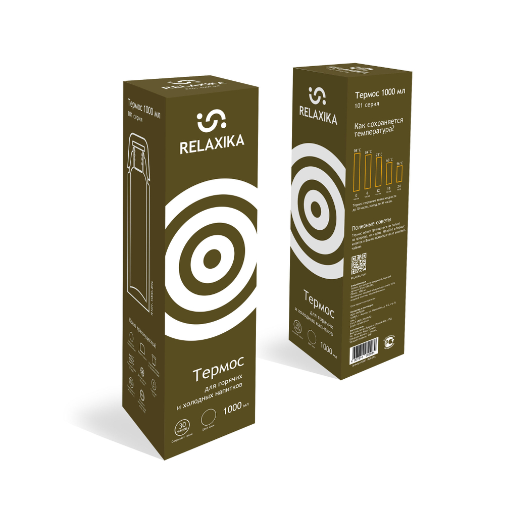 Термос Relaxika 101 (1 литр), хаки (стикерпак "Кемпинг")
