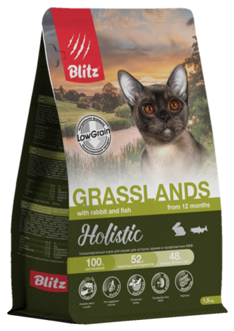 Сухой корм для кошек Blitz Holistic Grasslands Rabbit & Fish Adult Cat низкозерновой, индейка и кролик 5 кг
