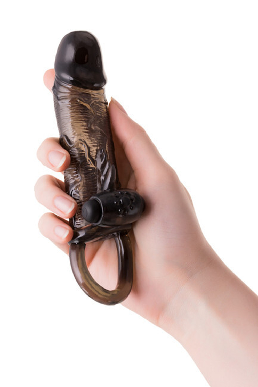 Стимулирующая насадка на пенис с вибрацией и креплением за мошонку XLover , (14,5 см) (Цвет: прозрачно-черный)