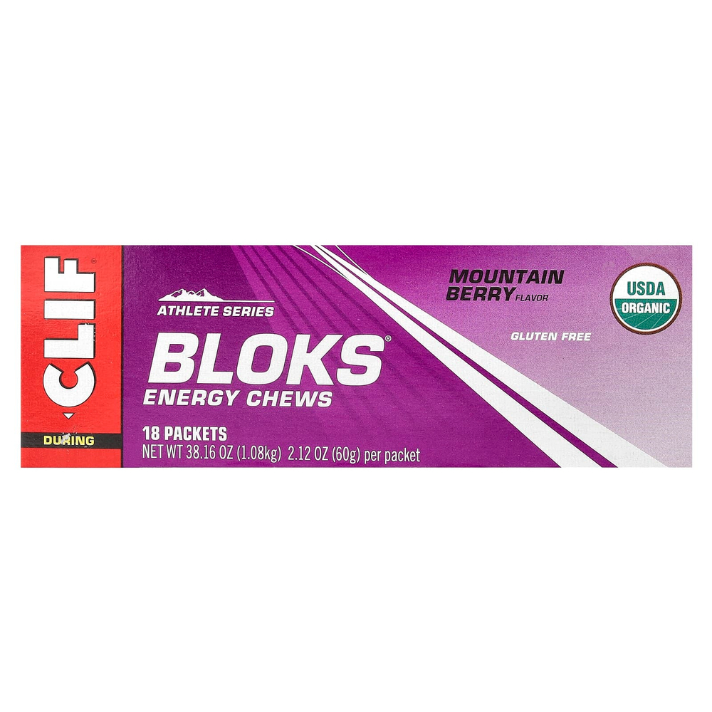 Clif Bar, Bloks, энергетические жевательные блоки, вкус «Горная ягода», 18 пакетиков, 60 г (2,12 унции) каждый