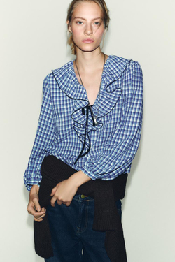 ZARA БЛУЗА В КЛЕТКУ ВИШИ С ВОЛАНАМИ, СИНИЙ/БЕЛЫЙ