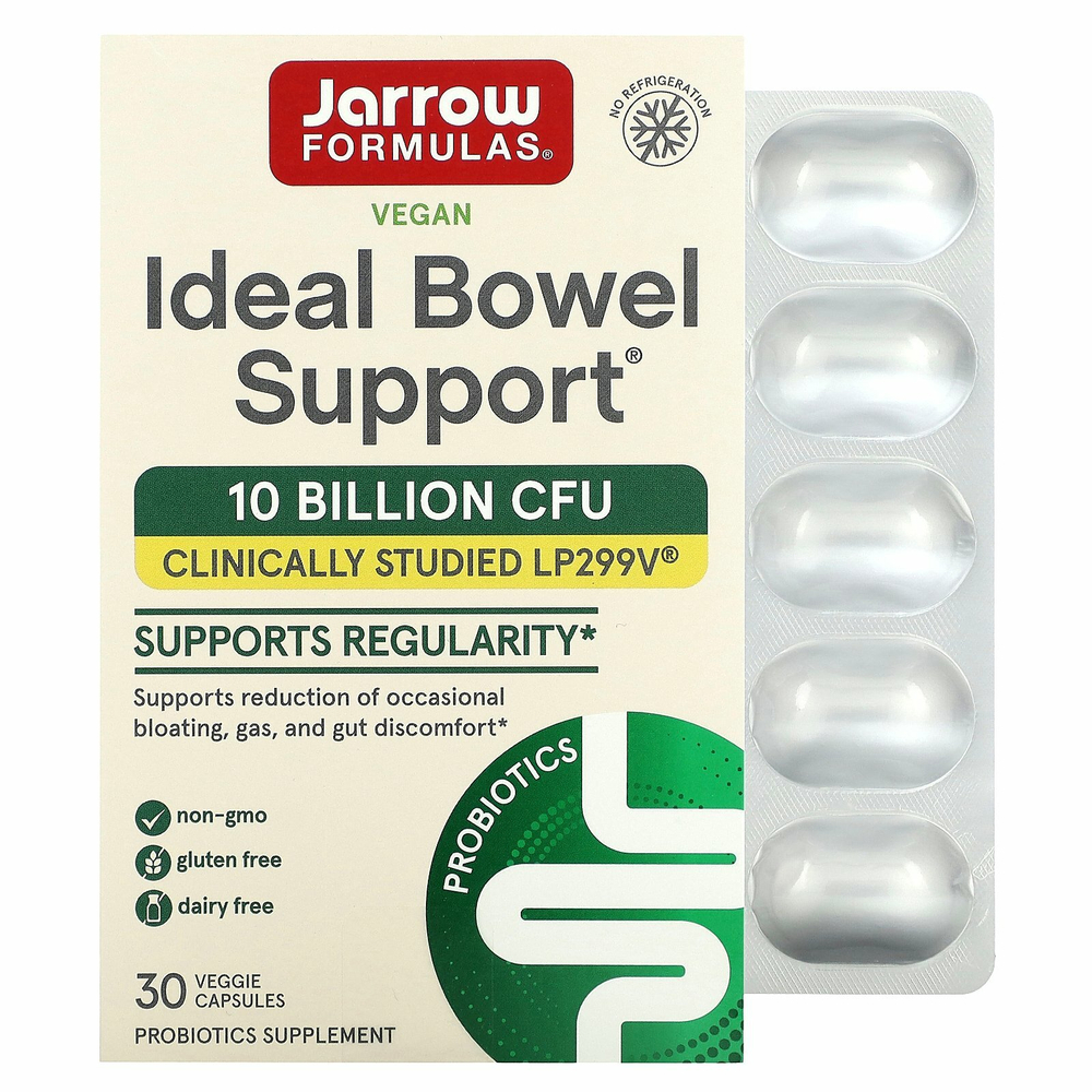 Jarrow Formulas, Vegan Ideal Bowel Support, веганская добавка для поддержки здоровья кишечника, 10 млрд КОЕ, 30 растительных капсул