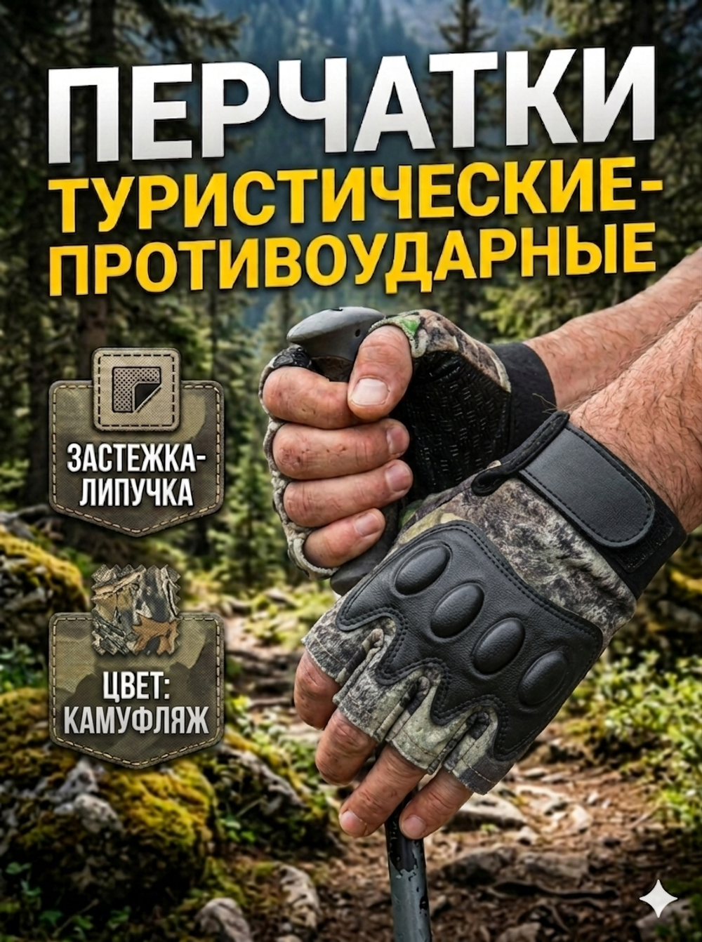 Перчатки туристические лес без пальцев KF56