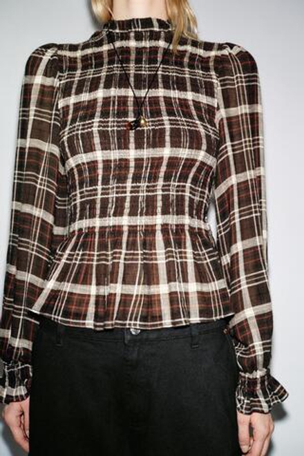ZARA РУБАШКА В КЛЕТКУ С ЭЛАСТИЧНЫМ ЖАТЫМ УЗОРОМ, КОРИЧНЕВЫЙ/ЭКРЮ