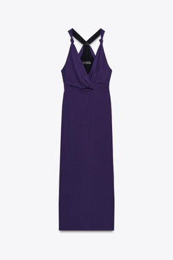 ZARA ПЛАТЬЕ МИДИ С УЗЛОМ И ФУРНИТУРОЙ, ПУРПУРНЫЙ