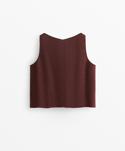 Oysho Топ из 100% льна с V-образным вырезом, шоколадный