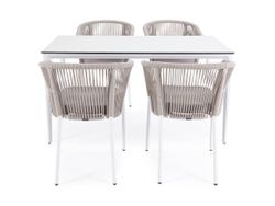 "Малага" обеденная группа на 4 персоны со стульями "Марсель", каркас белый, роуп бежевый