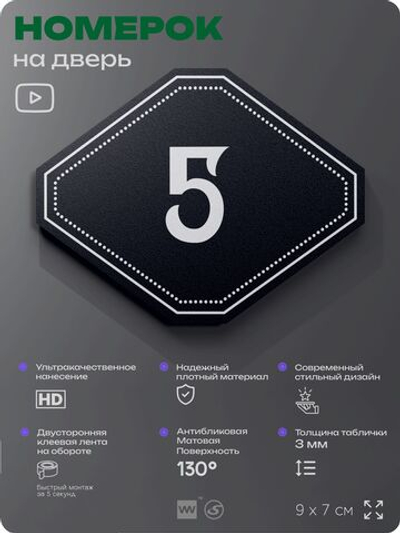 Номерок на дверь квартиры 5, для кабинета, офиса, шильдик 9 х 7 см, черный, Айдентика Технолоджи