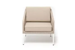 "Канны" кресло плетеное из роупа, каркас алюминий белый муар, роуп бежевый круглый, ткань бежевая 15052