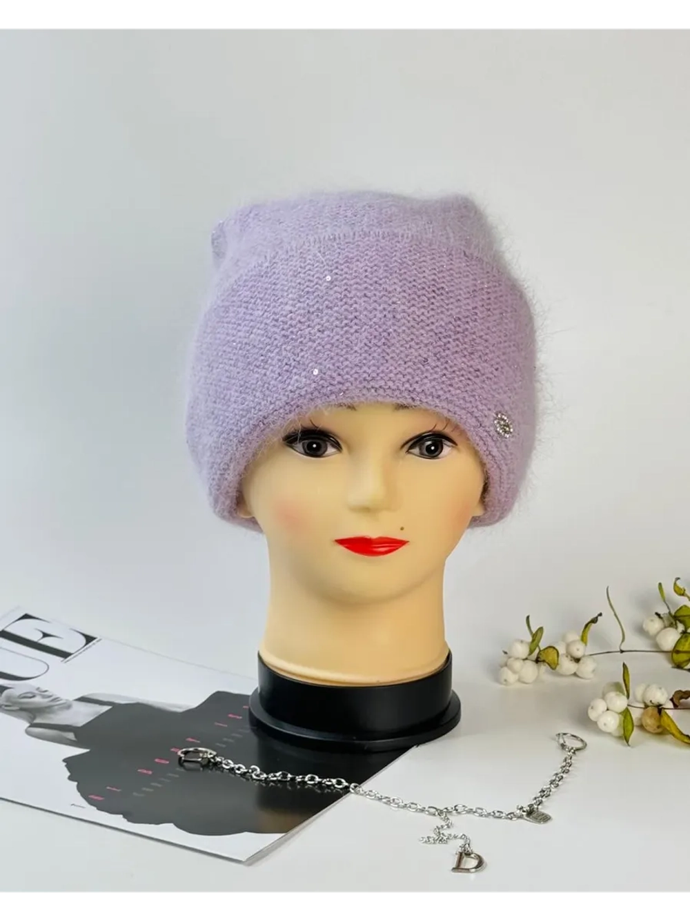 шапка зимняя вязаная ангора с пайетками