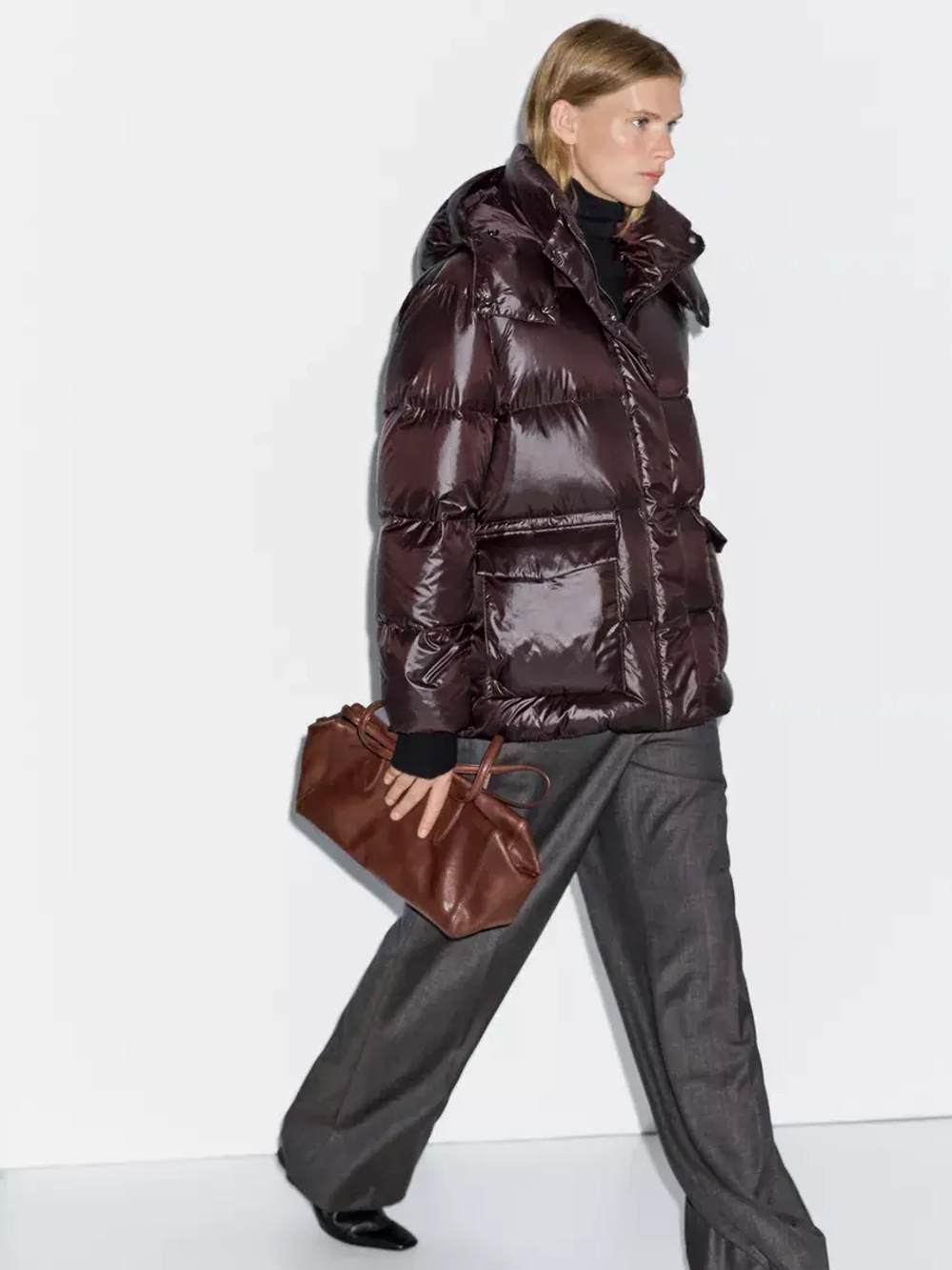 Massimo Dutti Короткая непромокаемая стеганая куртка с капюшоном, бордо