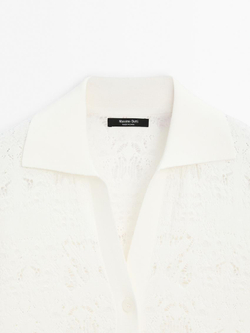 Massimo Dutti Кардиган из ажурного трикотажа с короткими рукавами, натуральный, кремовый