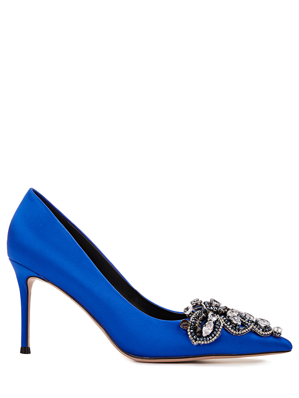 Женские туфли кожаные синие с камнями у носка