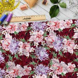 Ткань муслин нежные гвоздики и георгины на красном фоне