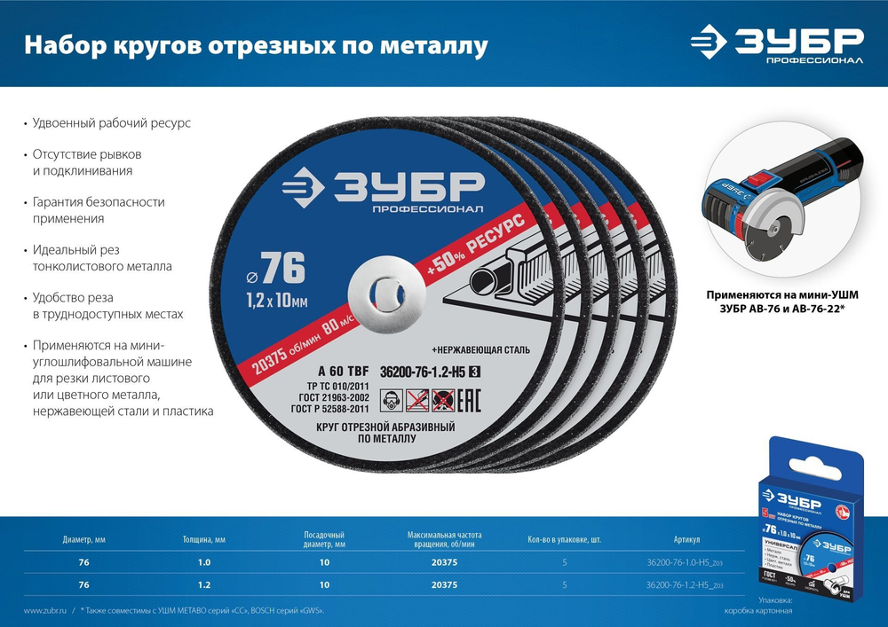 Диск отрезной по металлу ЗУБР "X-2" 76х1,2х10 мм, 5 штук