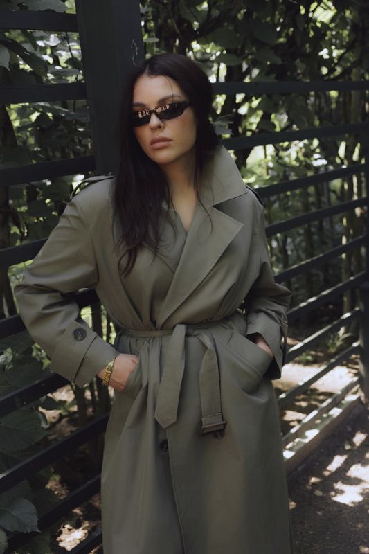 Тренч двубортный удлиненный, хаки