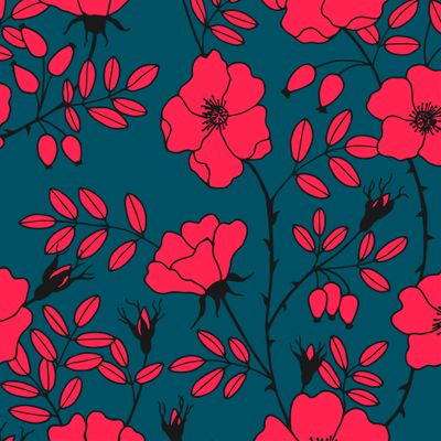 Seamless pattern. Rosehip plant with fruits and flowers.