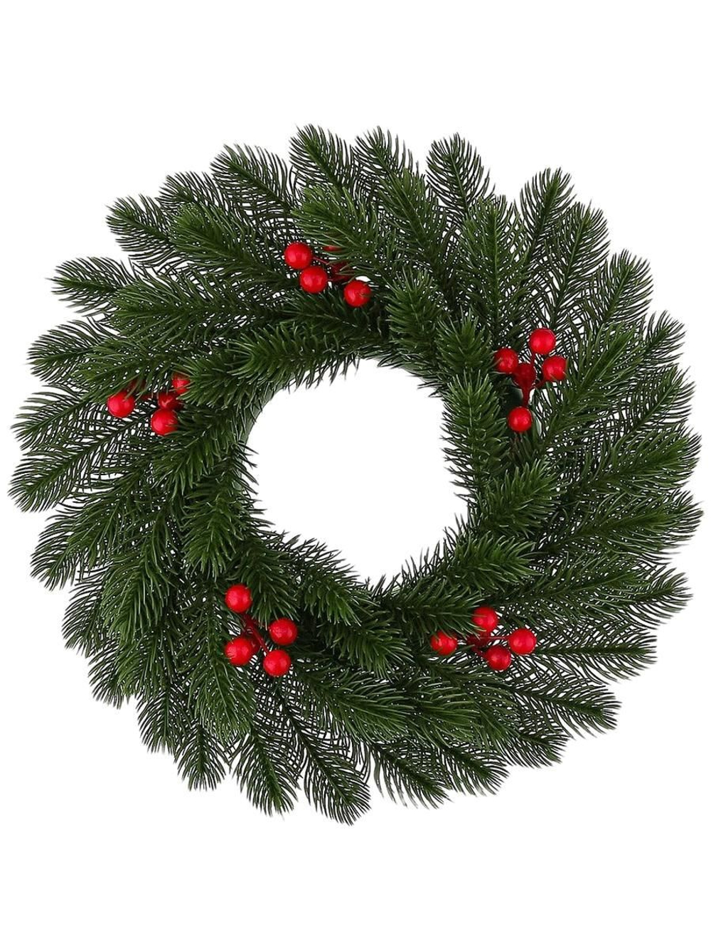 Венок декоративный "Ёлка с ягодой" д.35 см, малый, пластик, зелёный