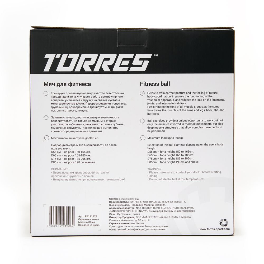 Мяч гимн. TORRES, FB122565, диам. 65 см, эласт. ПВХ,с защ. от взрыва, с насосом, серый