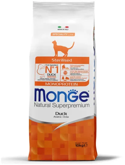 Сухой корм Monge Cat Speciality Line Monoprotein Sterilised для стерилизованных кошек, из утки 10 кг