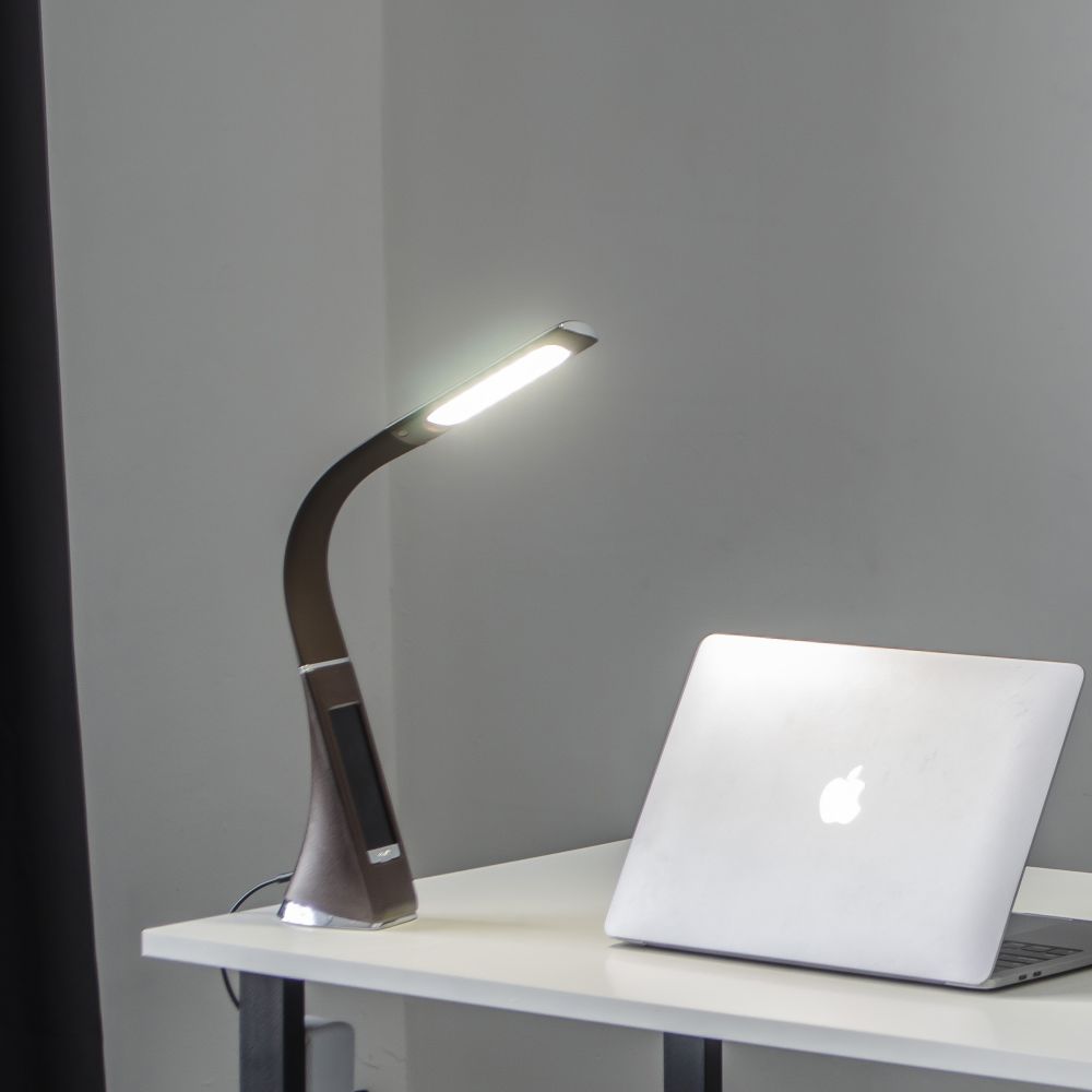 TLD-542 Brown-LED-300Lm-5000K-Dimmer Светильник настольный c часами. календарем. термометром. 5W. Сенсорный выключатель. Коричневый стилизован под кожу. TM Uniel.