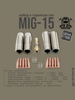 Набор комплектующих для сварочной горелки Mig15 SVARGON SV15m18 (сопла, токовые наконечники, держатель наконечника, спираль сопла)