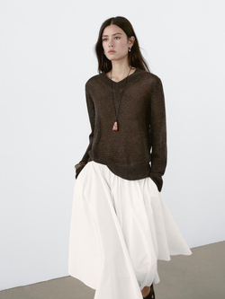 Massimo Dutti Свитер с V-образным вырезом из смесового хлопка, шоколадный