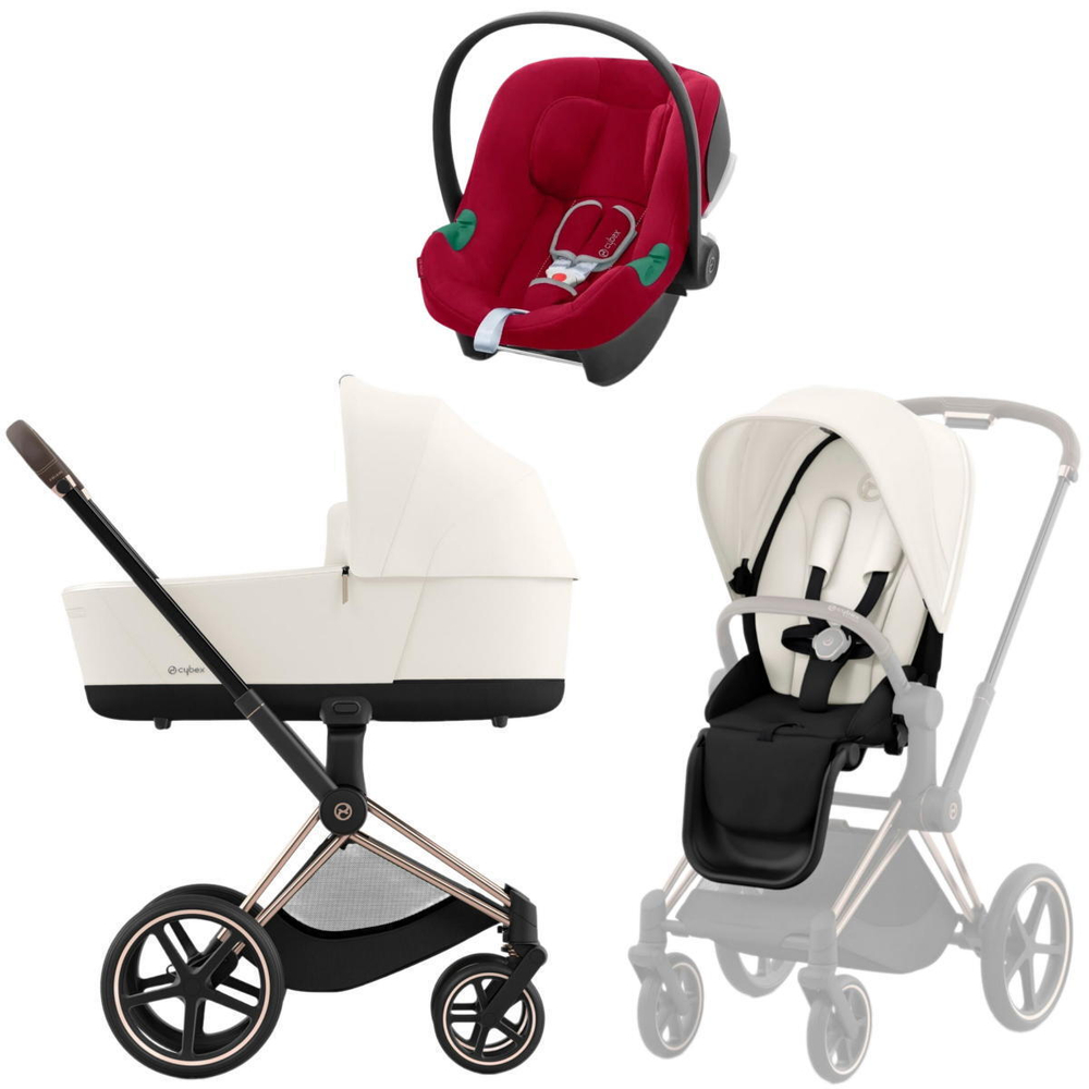 Коляска 3 в 1 Cybex Priam IV Rosegold complete и автокресло Aton B2 i-Size Dynamic Red Off White