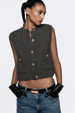 ZARA ОДНОТОННЫЙ ТРИКОТАЖНЫЙ ТОП БЕЗ РУКАВОВ, СЕРЫЙ