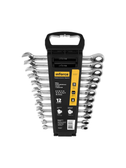 Набор комбинированных ключей с трещоткой 12 предметов Inforce, Сталь Cr-V, 8-19мм, 06-05-49
