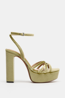 ZARA БАРХАТНЫЕ БОСОНОЖКИ НА ПЛАТФОРМЕ, ЗЕЛЕНЫЙ