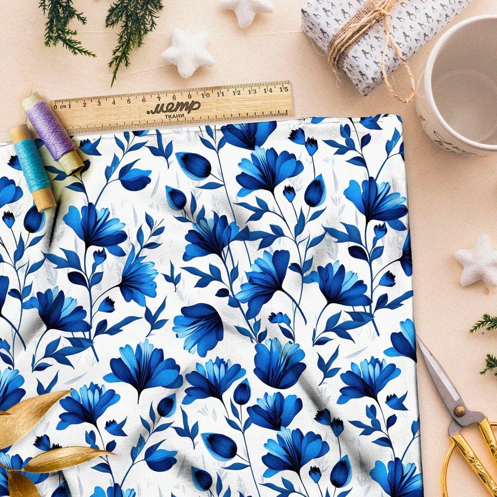 Ткань флис васильки в стиле гжель
