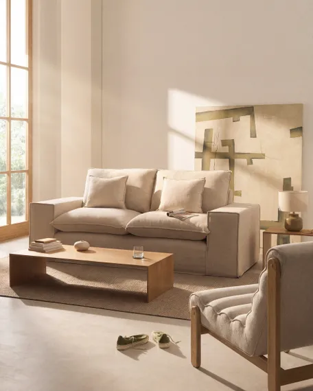 Двухместный диван Anarela 240 см, бежевый лен со съемным чехлом