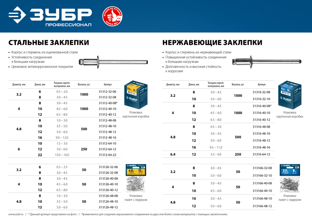 ЗУБР 4.8 x 10 мм, 500 шт, нержавеющие заклепки, Профессионал (31316-48-10)