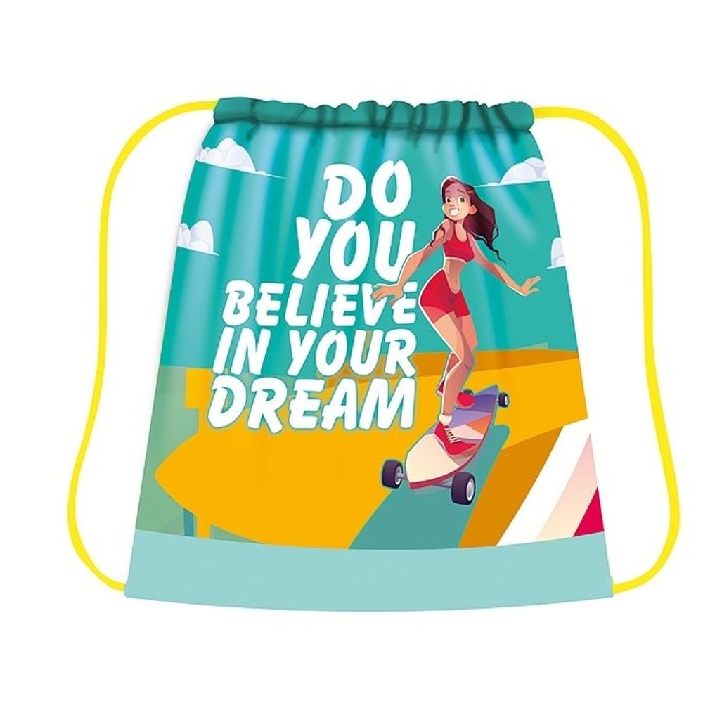 Мешок для сменной обуви, 1 отделение, ПЧЕЛКА, 340х420 мм, ткань, "Девочка на скейте", бирюзовый