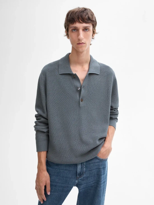 Massimo Dutti Хлопковый свитер с воротником поло, синеватый