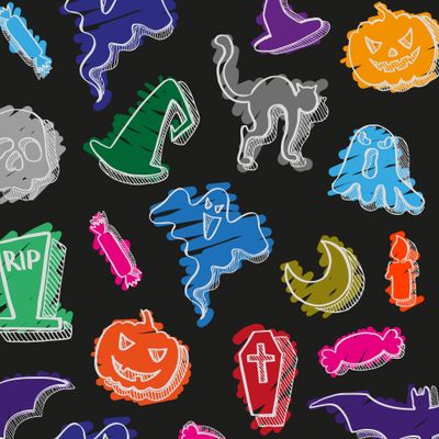 хэллоуин, цветные атрибуты праздника на черном фоне