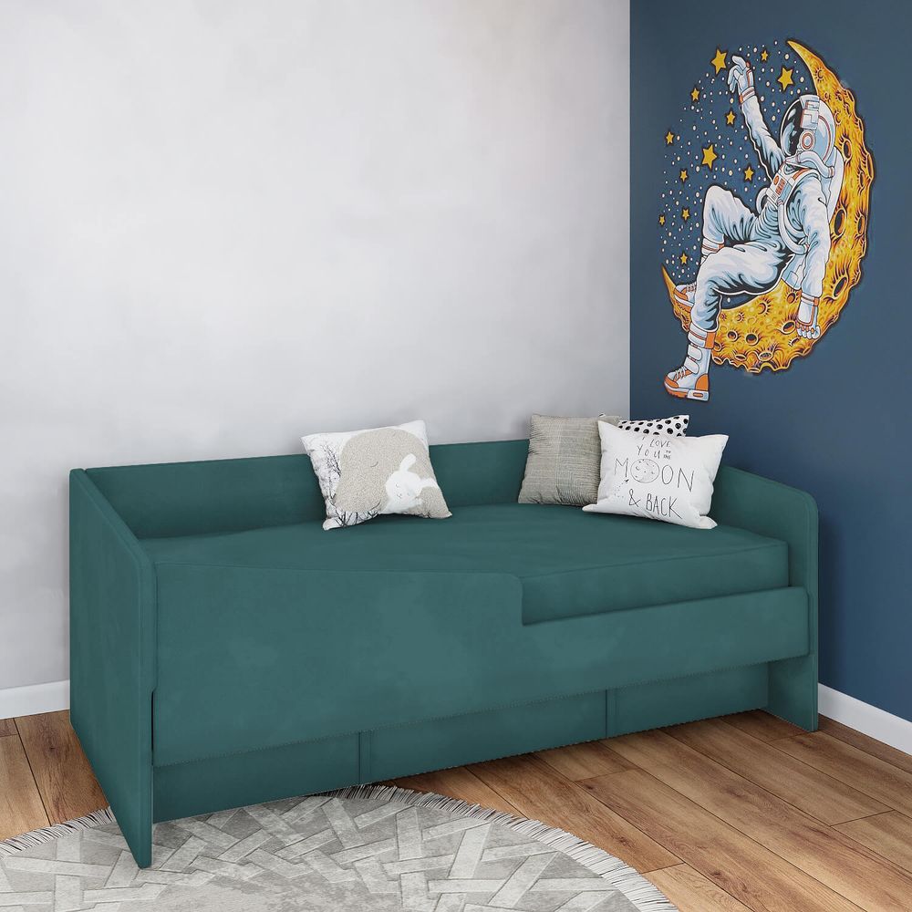 Кровать детская 160х80 с бортиком и велюровым наматрасником (изумруд)