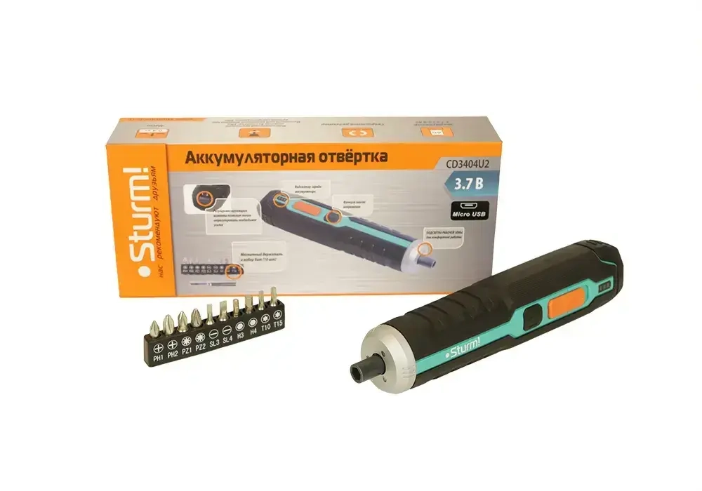 Отвертка аккумуляторная щеточная напряжение 3,7В, крутящий момент 3Нм, обороты 300об/мин, micro USB, подсветка, индикатор напряжения, набор бит без зарядного устройства Sturm!