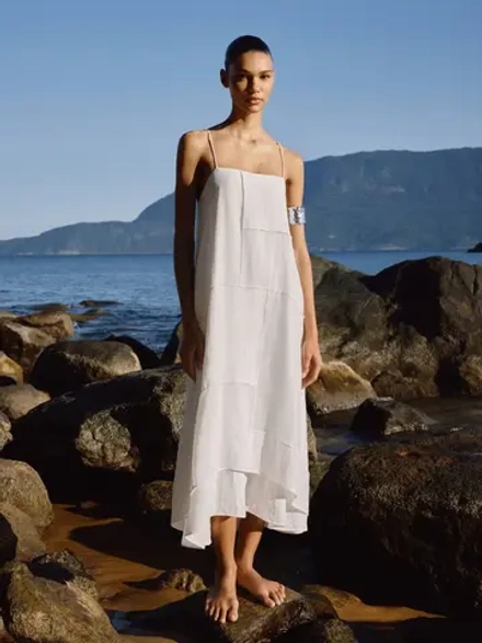 Massimo Dutti Платье миди асимметричного кроя из смесового льна, белый