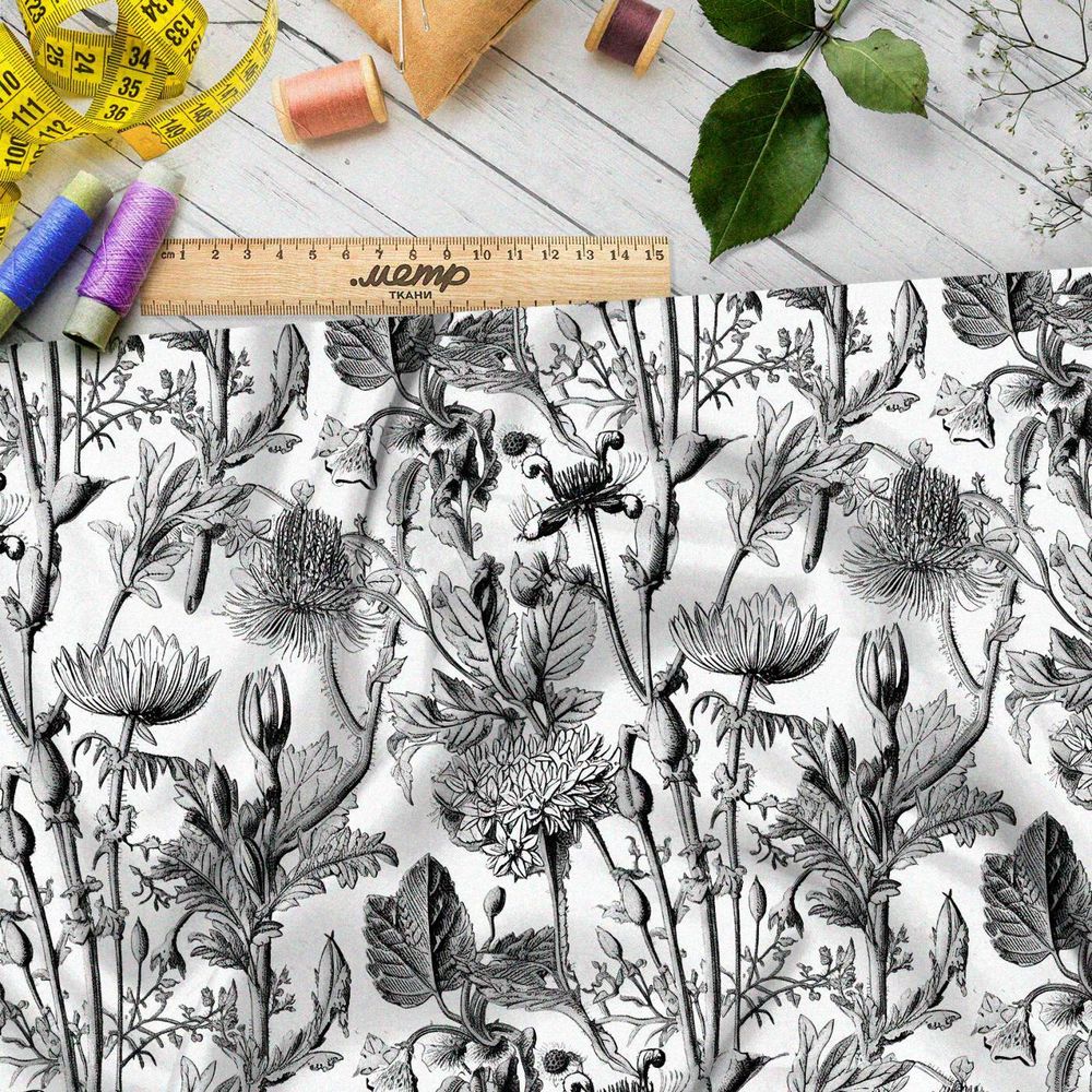 Ткань премиум шелк искусственный Армани графическая ботаника