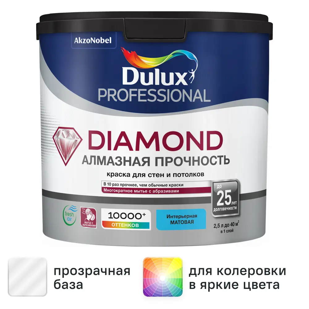 Краска для стен и потолков, глубокоматовая, DULUX DIAMOND EXTRA MATT база BC 4,5л (Дулюкс Даймонд)